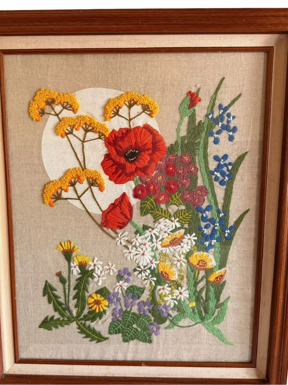 Vintage Crewel Embroidery Flowers Glass Framed Wall Art